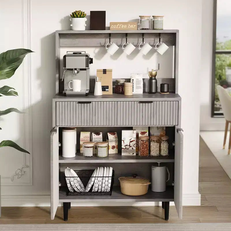 Credenza a buffet da 48 pollici, mobile bar fluted con 2 cassetti e ripiani regolabili, consolle in legno, armadietto da cucina