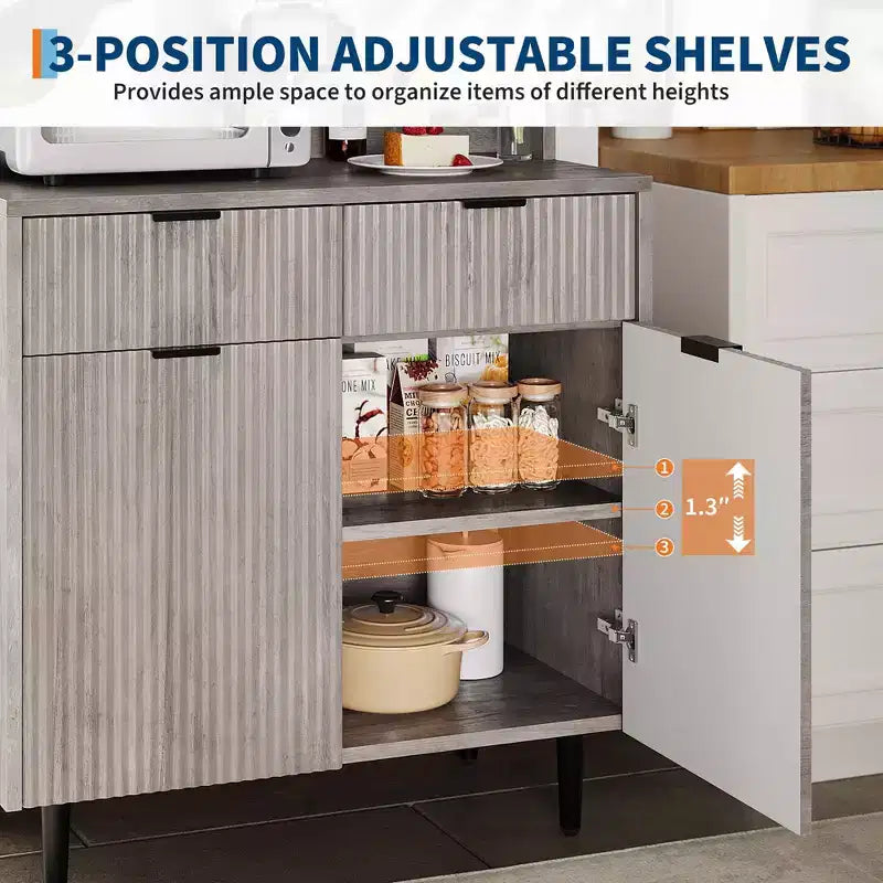 Credenza a buffet da 48 pollici, mobile bar fluted con 2 cassetti e ripiani regolabili, consolle in legno, armadietto da cucina