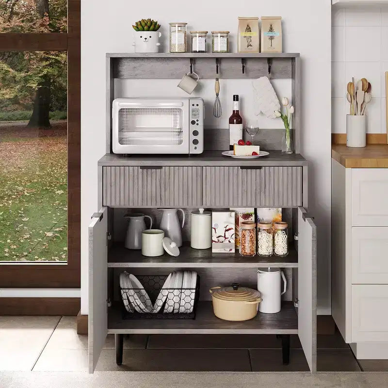 Credenza a buffet da 48 pollici, mobile bar fluted con 2 cassetti e ripiani regolabili, consolle in legno, armadietto da cucina