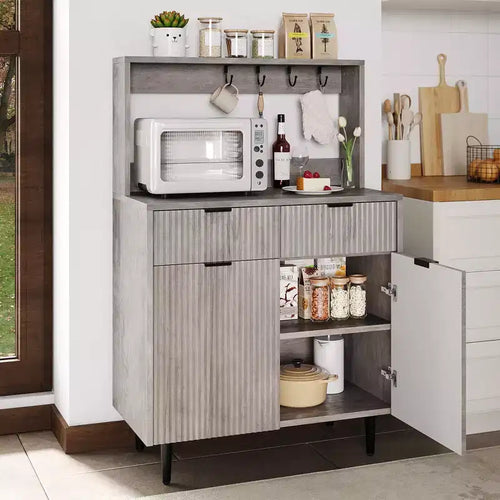 48'' Sideboard Buffet Cabinet, Fluted Coffee Bar Cabinet with 2 Drawers & Adjustable Shelves, Wooden Console Table, Kitchen Storage Cabinet