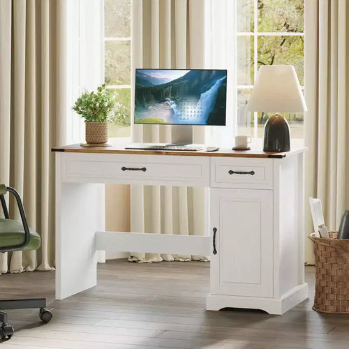47 Farmhouse Executive Desk, Rustic Home Office Desk with Drawers and Storage Cabinet, Wood Computer Desks Writing Workstation Antique White