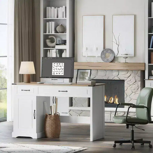 Scrivania direzionale da fattoria 47, scrivania rustica per ufficio con cassetti e armadietto, scrivania per computer in legno, workstation per scrittura, bianco antico