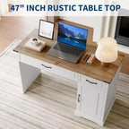 Scrivania direzionale da fattoria 47, scrivania rustica per ufficio con cassetti e armadietto, scrivania per computer in legno, workstation per scrittura, bianco antico