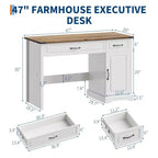 Scrivania direzionale da fattoria 47, scrivania rustica per ufficio con cassetti e armadietto, scrivania per computer in legno, workstation per scrittura, bianco antico