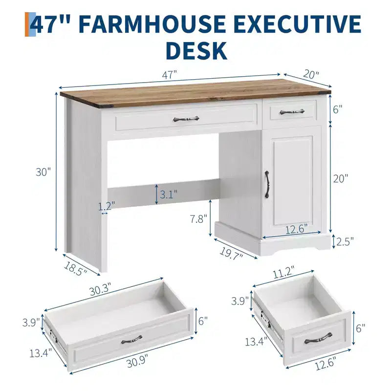 Scrivania direzionale da fattoria 47, scrivania rustica per ufficio con cassetti e armadietto, scrivania per computer in legno, workstation per scrittura, bianco antico