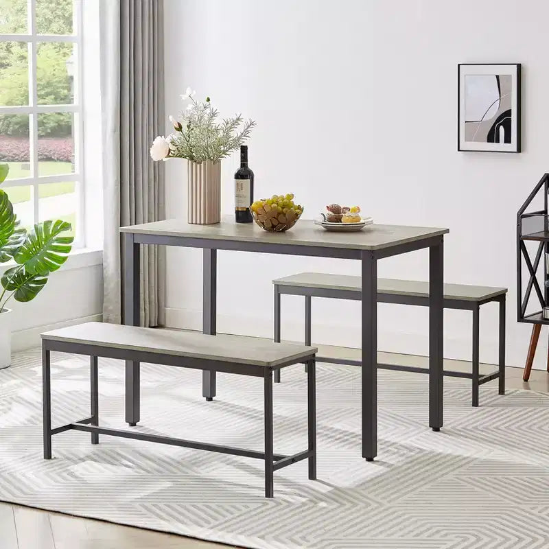 Set da 3 pezzi CuisinSmart per tavolo da pranzo, set da tavolo da pranzo con panche, telaio in acciaio, set da tavolo da bar industriale, set da tavolo da pranzo, grigio