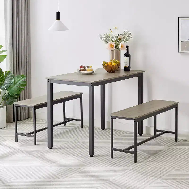 Set da 3 pezzi CuisinSmart per tavolo da pranzo, set da tavolo da pranzo con panche, telaio in acciaio, set da tavolo da bar industriale, set da tavolo da pranzo, grigio