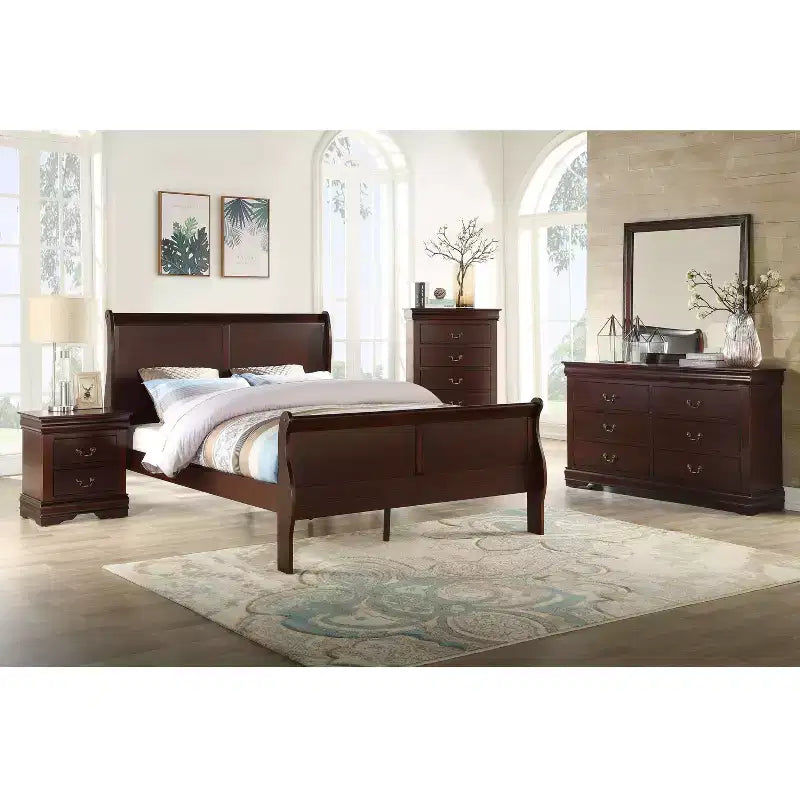 Mobili per camera da letto in legno massello Okak: cassettiera a 5 cassetti o comodino a 2 cassetti, letto a slitta, accessori in ottone, facile montaggio