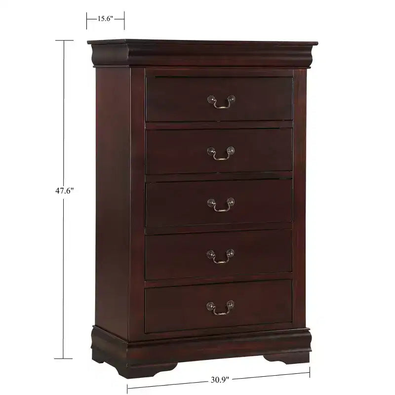 Okak Solid Wood Bedroom Furniture 5-Drawer Chest or 2-Drawer Nightstand, Sleigh Bed, Brass Hardware, Easy Assembly