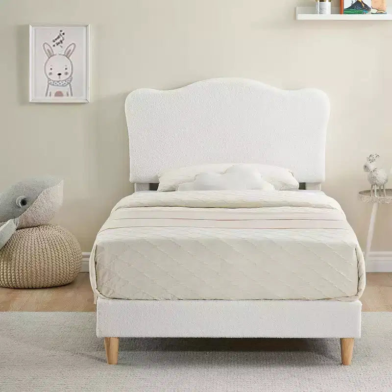 Struttura Letto per Bambini, Letto a Piattaforma Imbottito con Simpatica Testiera in Velluto Bouclé per Bambine, Non Richiede Rete a Doghe, Facile Montaggio, Design Durevole