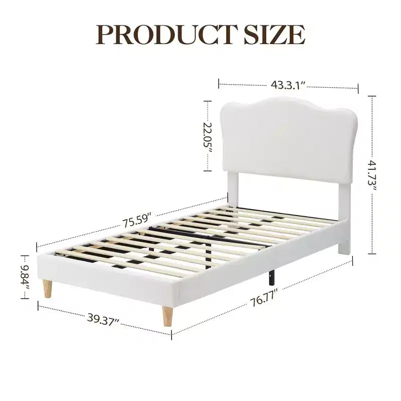 Struttura Letto per Bambini, Letto a Piattaforma Imbottito con Simpatica Testiera in Velluto Bouclé per Bambine, Non Richiede Rete a Doghe, Facile Montaggio, Design Durevole
