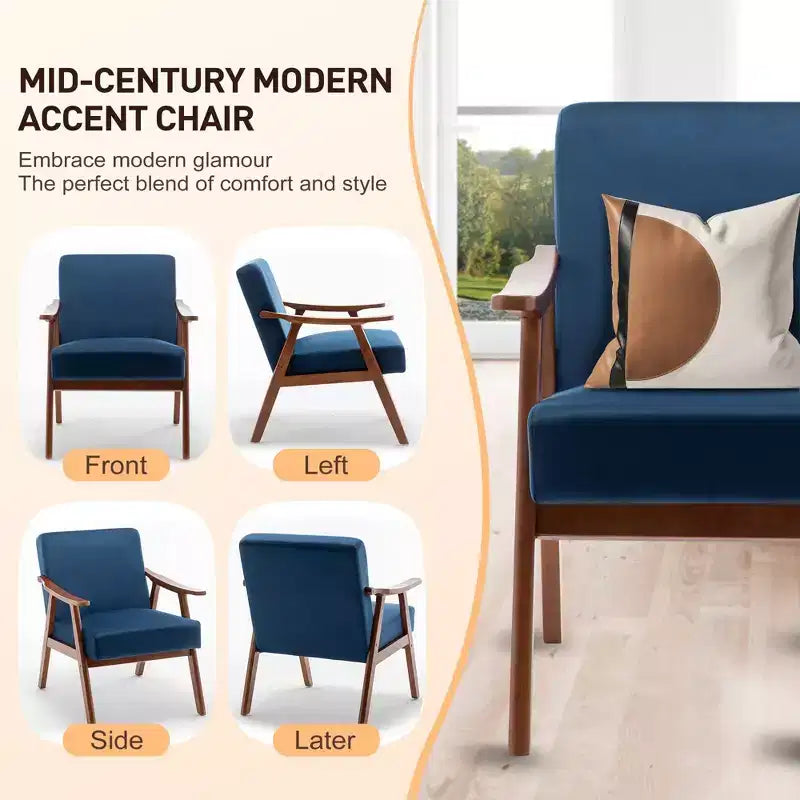 MAYEERTY Poltrona Accent con schienale ad ali in stile metà secolo, struttura in legno massello, schienale spesso, poltrona lounge per soggiorno