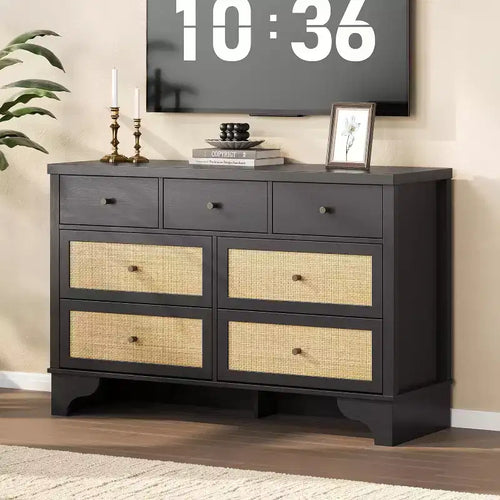 Cassettiera 47,3 con 7 cassetti in rattan naturale, mobile in legno con base robusta, organizer per camera da letto e ingresso