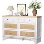 47.3 7 Drawer Dresser with Natural Rattan Drawers, Wood Chest with Sturdy Base, Bedroom Storage Organizer for Living Room & Entryway
