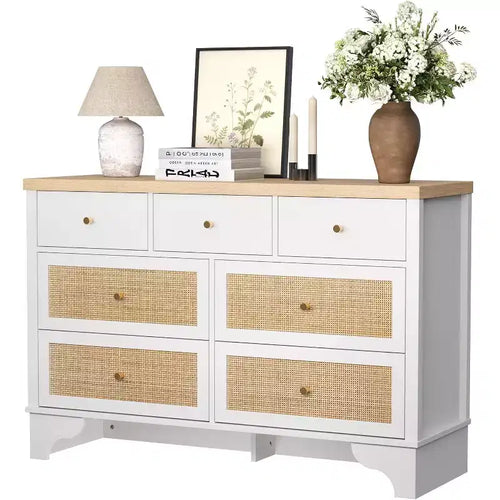 47.3 7 Drawer Dresser with Natural Rattan Drawers, Wood Chest with Sturdy Base, Bedroom Storage Organizer for Living Room & Entryway