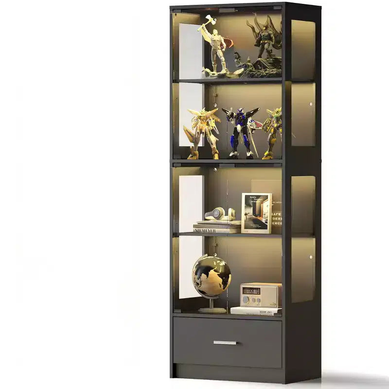 Skyzoo 5-Tier Glass Display Cabinet with LED Lights & Adjustable Shelves & 1 Drawer, Curio Cabinet for Home & Office