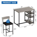 Table de cuisine hauteur comptoir avec 2 tabourets de bar rembourrés, ensemble table et chaises de salle à manger en bois pour 2 avec étagères de rangement, pour petits espaces, appartement