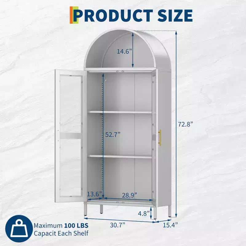 Mobili in acciaio laminato a freddo - Armadio a doppia anta con arco in ferro e vetro, 2 ante, A185 x L78 x P39 cm, spessore 0,6 mm, bianco