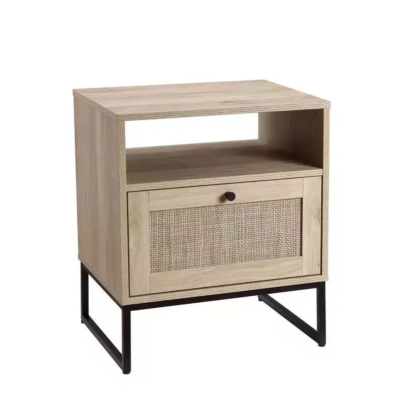 1 Light Oak Color and Black Flip-Down Door Side Table Rattan Series with Rattan Table Feature