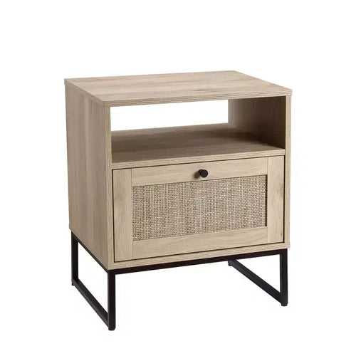 1 Light Oak Color and Black Flip-Down Door Side Table Rattan Series with Rattan Table Feature