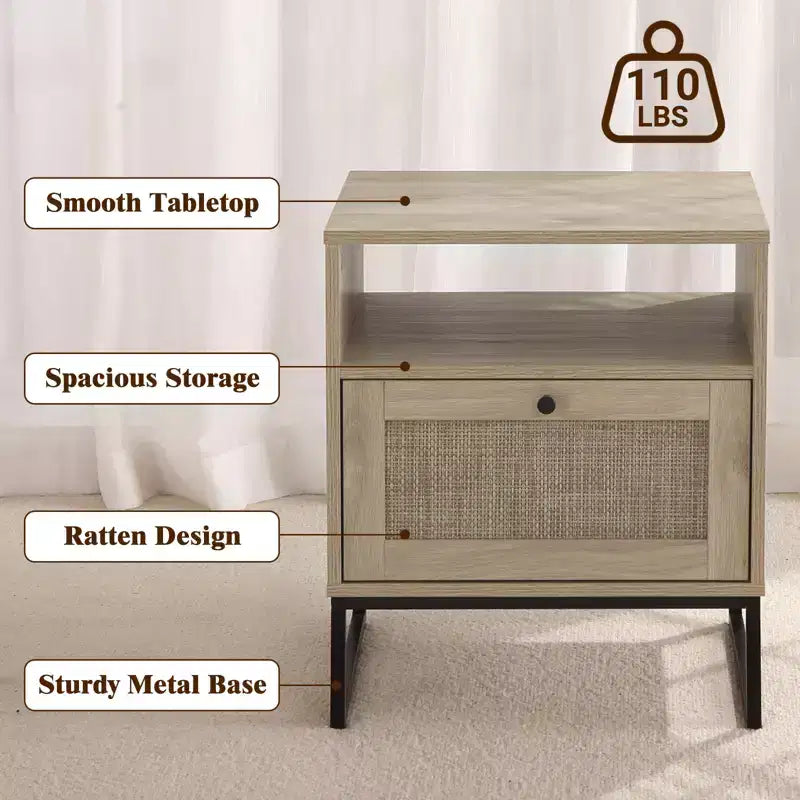 1 Tavolino con anta a ribalta colore rovere chiaro e nero Serie Rattan con caratteristica tavolo in rattan