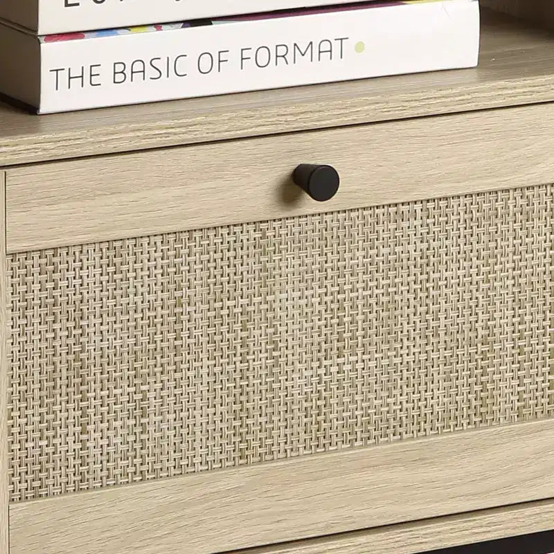 1 Tavolino con anta a ribalta colore rovere chiaro e nero Serie Rattan con caratteristica tavolo in rattan