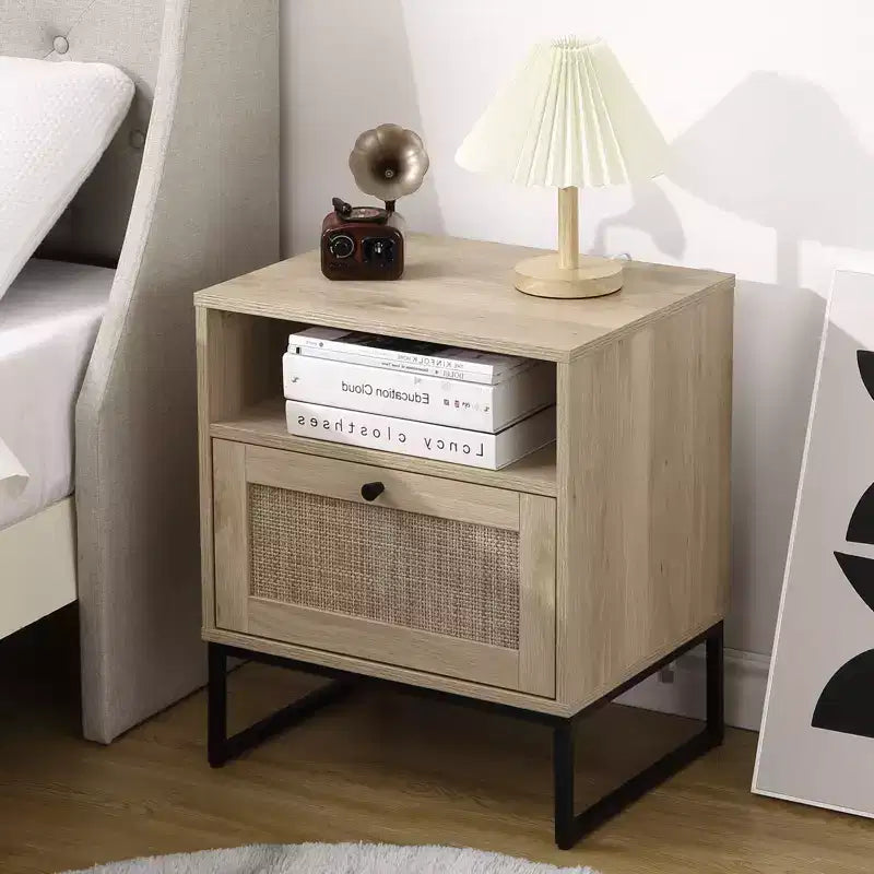1 Tavolino con anta a ribalta colore rovere chiaro e nero Serie Rattan con caratteristica tavolo in rattan