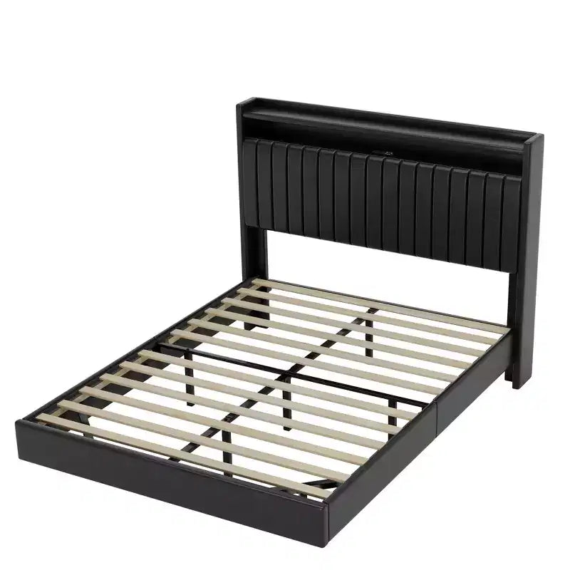 Queen/Full Size Floating Bed Frame with LED Lights Charging Station, Upholstered Leather Platform Bed Frame with Headboard,Black,White