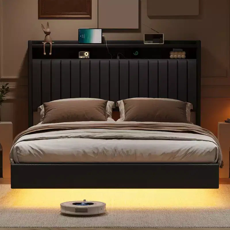Struttura letto flottante Queen/Full Size con luci LED e stazione di ricarica, struttura letto imbottita in pelle con testiera, nero, bianco