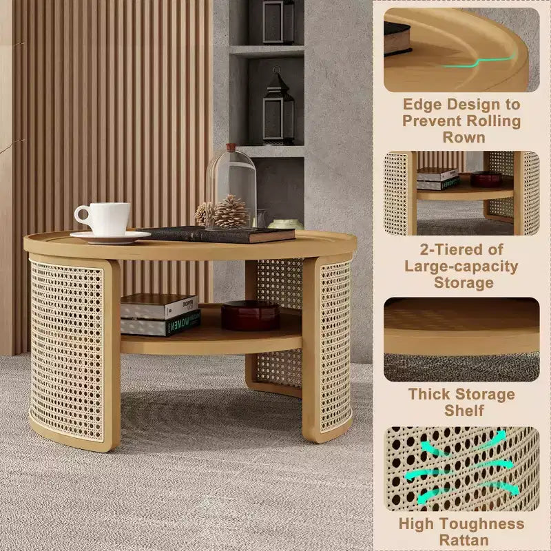 Okak Tavolino da caffè modulare in rattan a 4 pezzi, rotondo/quadrato convertibile con contenitore, tavolino da centro in legno massello e intreccio per soggiorno