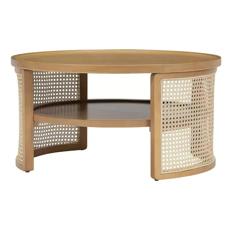 Okak Tavolino da caffè modulare in rattan a 4 pezzi, rotondo/quadrato convertibile con contenitore, tavolino da centro in legno massello e intreccio per soggiorno