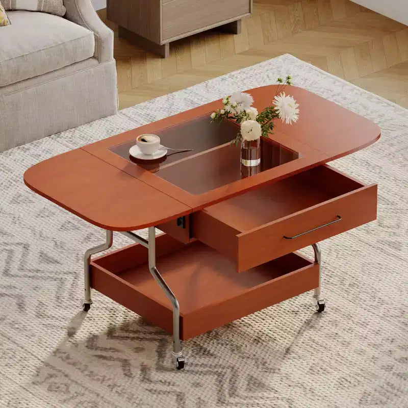 Okak Tavolino da caffè modulare in rattan a 4 pezzi, rotondo/quadrato convertibile con contenitore, tavolino da centro in legno massello e intreccio per soggiorno