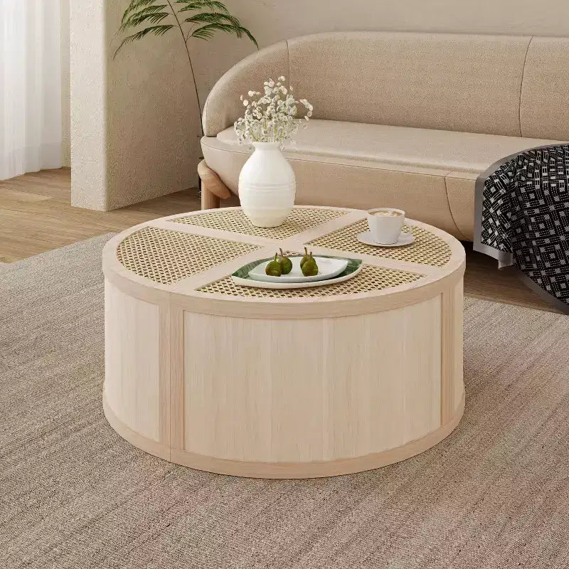 Okak Tavolino da caffè modulare in rattan a 4 pezzi, rotondo/quadrato convertibile con contenitore, tavolino da centro in legno massello e intreccio per soggiorno