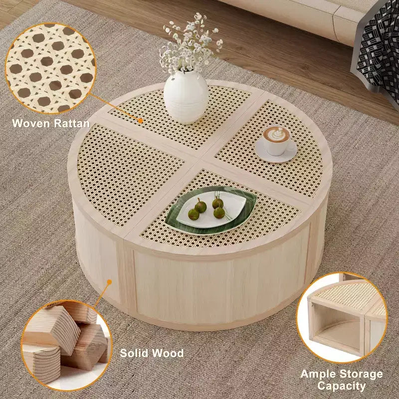 Okak Tavolino da caffè modulare in rattan a 4 pezzi, rotondo/quadrato convertibile con contenitore, tavolino da centro in legno massello e intreccio per soggiorno