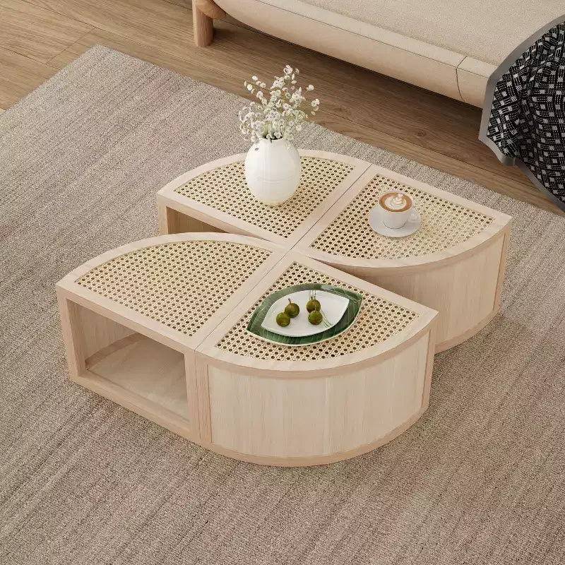 Okak Tavolino da caffè modulare in rattan a 4 pezzi, rotondo/quadrato convertibile con contenitore, tavolino da centro in legno massello e intreccio per soggiorno