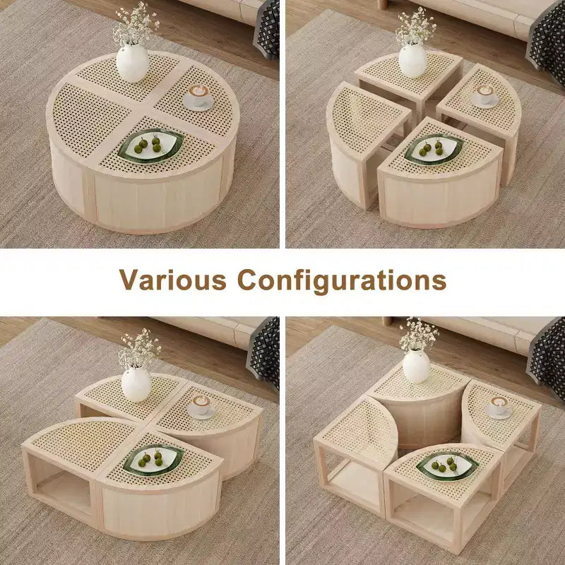 Okak Tavolino da caffè modulare in rattan a 4 pezzi, rotondo/quadrato convertibile con contenitore, tavolino da centro in legno massello e intreccio per soggiorno