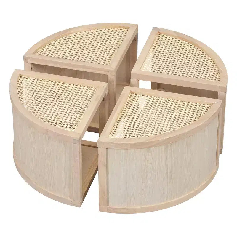 Okak Tavolino da caffè modulare in rattan a 4 pezzi, rotondo/quadrato convertibile con contenitore, tavolino da centro in legno massello e intreccio per soggiorno