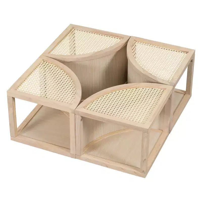 Okak Tavolino da caffè modulare in rattan a 4 pezzi, rotondo/quadrato convertibile con contenitore, tavolino da centro in legno massello e intreccio per soggiorno