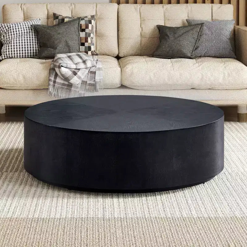Okak Modern 35.4 Round Wood Coffee Table, Sturdy Base Drum Center Table, No Need Assembly for Living Room Apartment