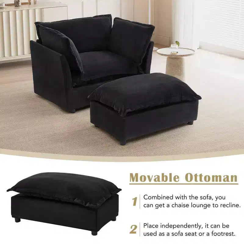 Divano poltrona Whisen Chenille con pouf mobile, seduta ampia, braccioli curvi e morbidi cuscini