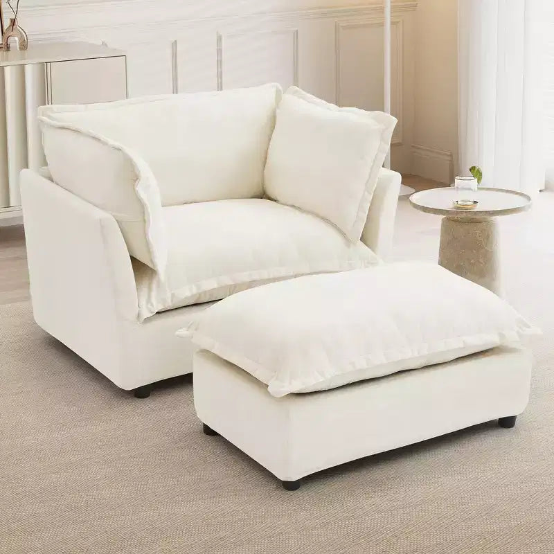 Divano poltrona Whisen Chenille con pouf mobile, seduta ampia, braccioli curvi e morbidi cuscini