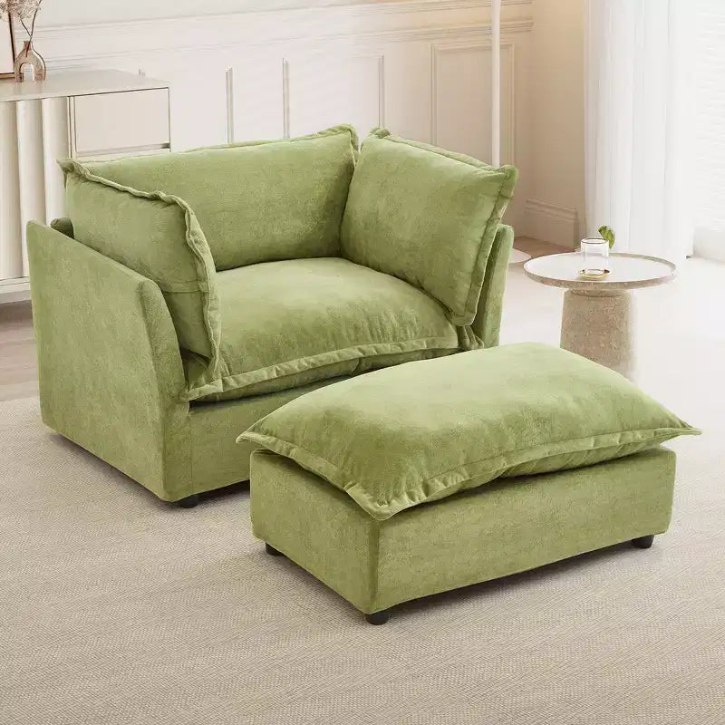Divano poltrona Whisen Chenille con pouf mobile, seduta ampia, braccioli curvi e morbidi cuscini