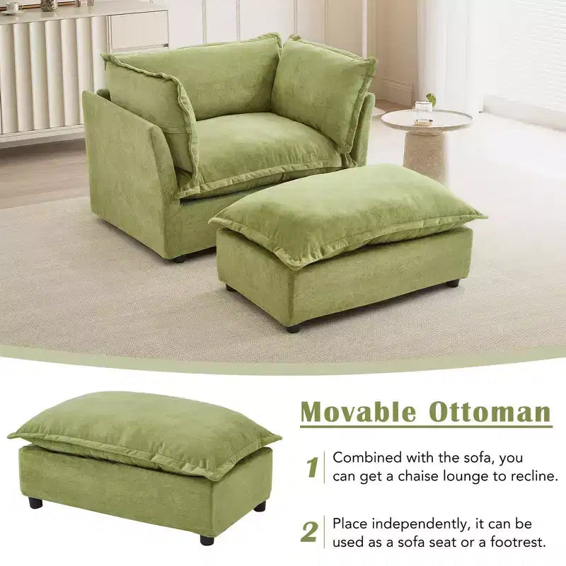 Divano poltrona Whisen Chenille con pouf mobile, seduta ampia, braccioli curvi e morbidi cuscini