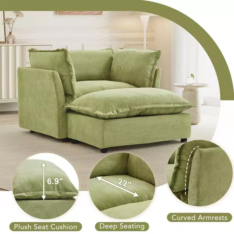 Divano poltrona Whisen Chenille con pouf mobile, seduta ampia, braccioli curvi e morbidi cuscini