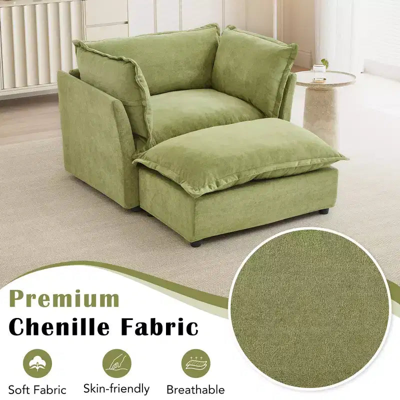 Divano poltrona Whisen Chenille con pouf mobile, seduta ampia, braccioli curvi e morbidi cuscini