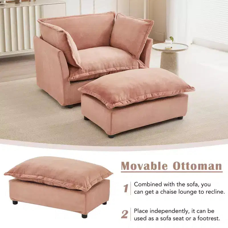 Divano poltrona Whisen Chenille con pouf mobile, seduta ampia, braccioli curvi e morbidi cuscini