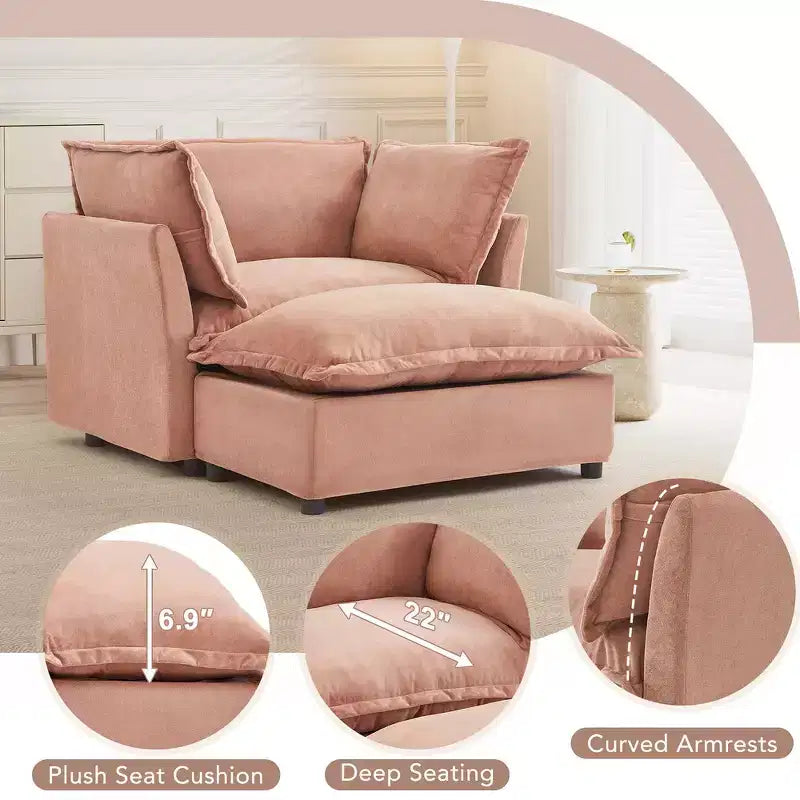 Divano poltrona Whisen Chenille con pouf mobile, seduta ampia, braccioli curvi e morbidi cuscini