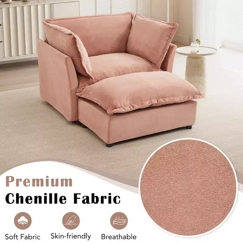 Divano poltrona Whisen Chenille con pouf mobile, seduta ampia, braccioli curvi e morbidi cuscini