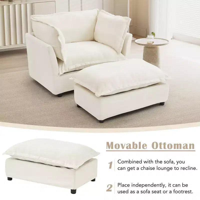Divano poltrona Whisen Chenille con pouf mobile, seduta ampia, braccioli curvi e morbidi cuscini