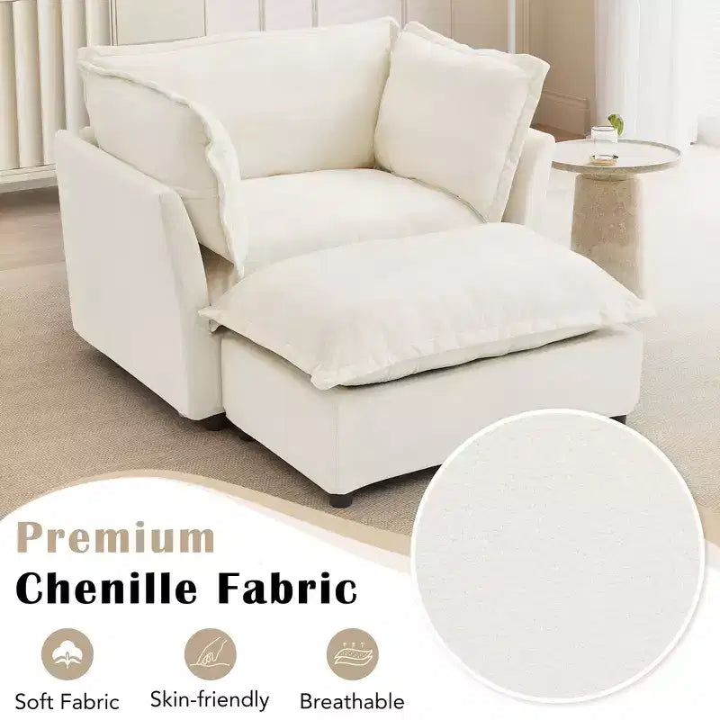Divano poltrona Whisen Chenille con pouf mobile, seduta ampia, braccioli curvi e morbidi cuscini